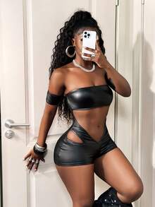 BamGleam New Autumn Wild Street Style Sexy PU Leather Cut-Out Unitard Romper For Women, Music Festival Matching Item, One-Piece Outfit - Black - View 4