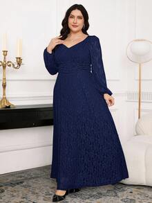 Modelyn Plus Size Elegant Party Solid Color Lace Dress Fall - Navy Blue - View 6
