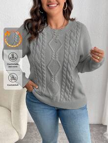 EURMUSE Plus Size Casual Solid Color Drop Shoulder Sweater, Autumn/Winter - Light Grey - View 1