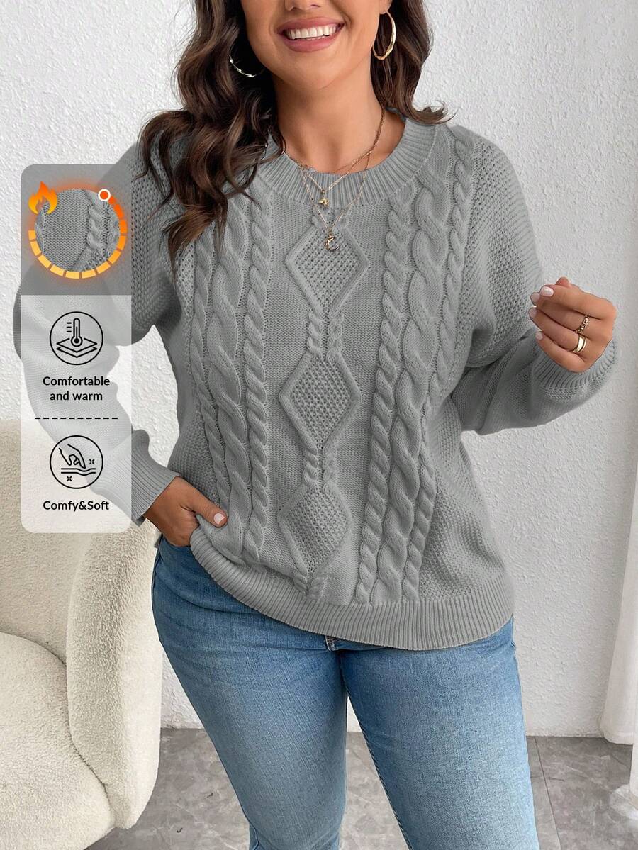 EURMUSE Plus Size Casual Solid Color Drop Shoulder Sweater, Autumn/Winter - Light Grey - View 1