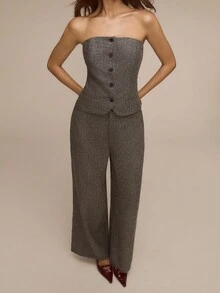 ATUI Studio 秋冬季简约单排扣西装套装，内搭吊带背心和直筒裤 - 淺灰色 - 查看 4