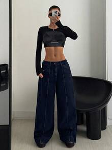 CasuGlow 女式低腰口袋阔腿宽松休闲百搭牛仔裤 - 深色水洗藍 - 查看 6