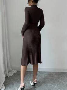 Elenzga 优雅简约纯色针织连衣裙，秋冬 - 咖啡棕 - 查看 2
