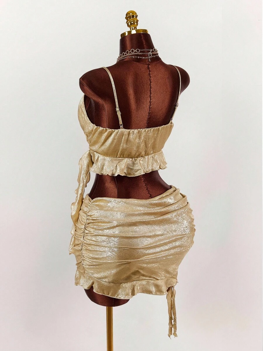 Amplova Y2K Amplova Fall/Winter Christmas New Year Thanksgiving Party Sexy Elegant New Year Tight Pleats Ruffles Party Cropped, Flowy Ruffled 2 Pieces Set For Women