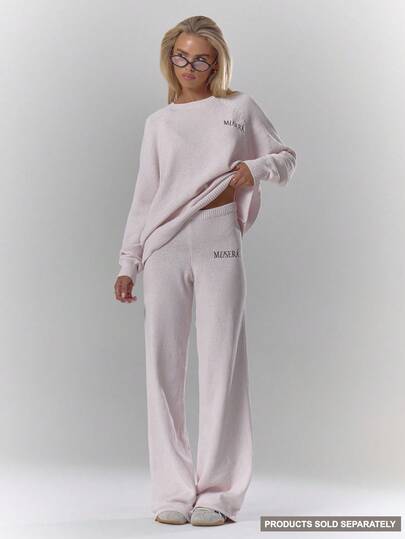 MUSERA Mid Rise Soft Knit Embroidered Wide Leg Sweater Trousers Only Fall Autumn Cosy Cute Casual Coffee Club Winter Christmas Thanksgiving Chic