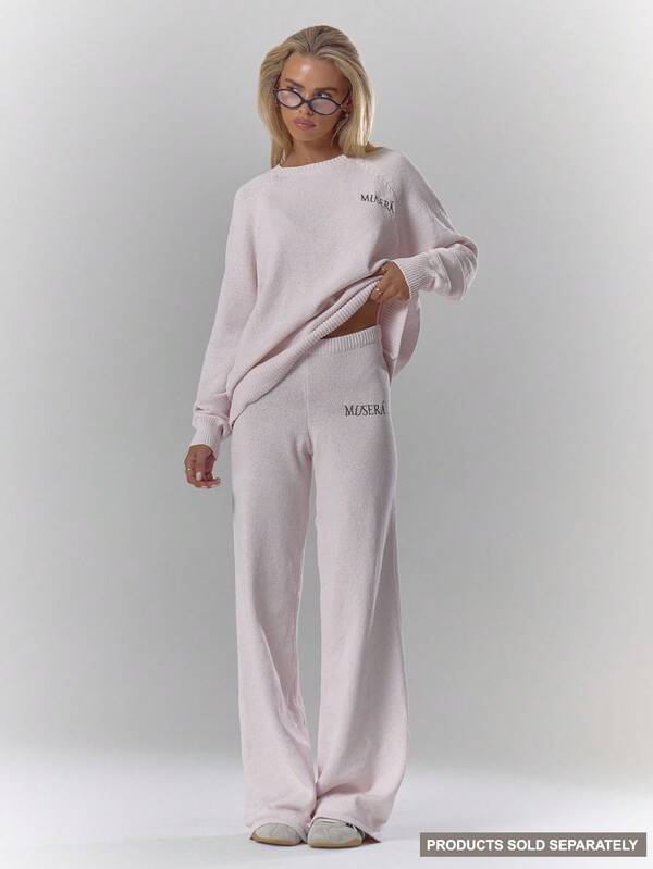 MUSERA Pantalones de punto suave con bordado, de tiro medio y pierna ancha, para otoño, invierno, ocasiones casuales, elegantes y de fiesta