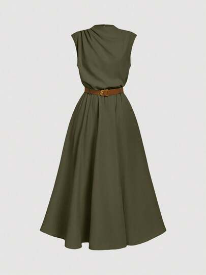 SHEIN MOD Women's Solid Color Sleeveless Dress (With Belt), Back To School Season, Olive Dress