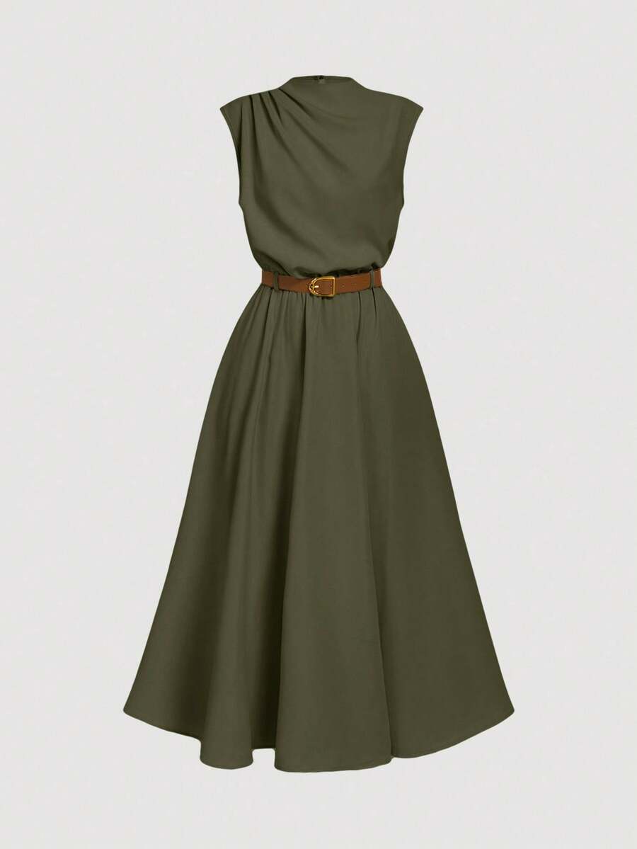 SHEIN MOD Women's Solid Color Sleeveless Dress (With Belt), Back To School Season, Olive Dress - Army Green - View 1