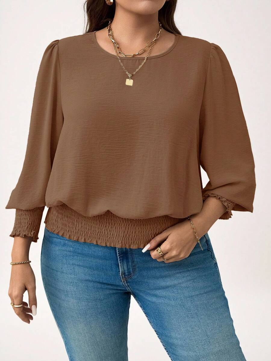 SHEIN LUNE Bluzka w dużym rozmiarze, swobodna, w jednolitym kolorze, z bufiastymi rękawami, na Nowy Rok, Święta/Jesień/Zima - Czekoladowy brązowy - Zobacz 1