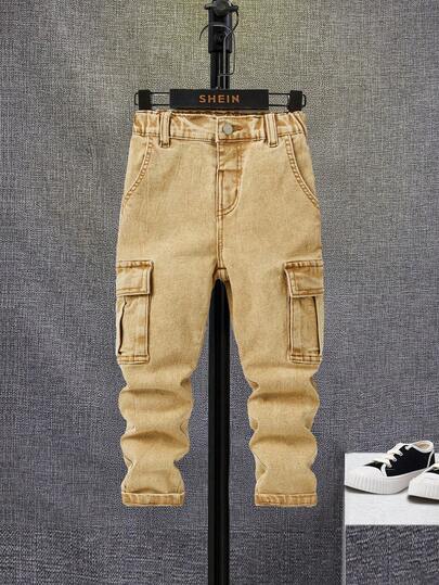 SHEIN Young Boy Casual Washed Vintage Cargo Denim Jeans