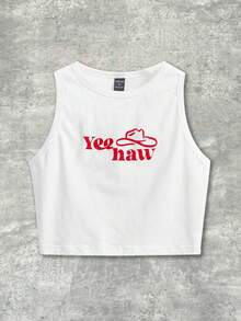 Y2Kool Morgan Mondays Co Artist Hat & Slogan Graphic Tank Top Yee Haw, For Summer, 95% Cotton, For Holiday, Vacation, Beach, Going Out, Festival, Ibiza Fits, Western Wear Autumn Matching Idea Casual Stylish Clothing Collection New Year Outfits