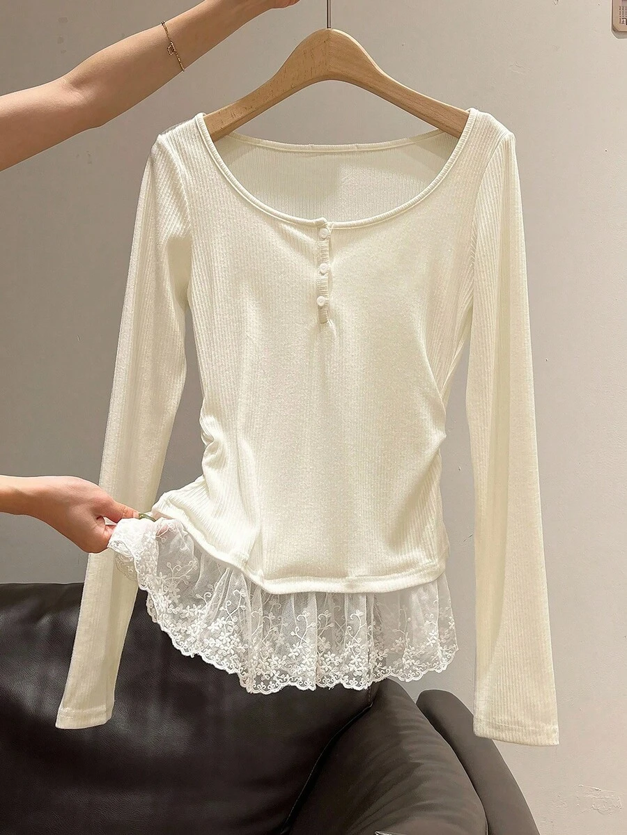Franclia 女士T恤/纽扣缝线蕾丝修身优雅长袖T恤/Y2K风格/女士休闲大领长袖上衣/新款褶皱收腰打底上衣/春夏秋季 - 白色 - 查看 1