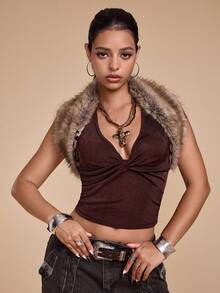 ROMWE Grunge Punk 女款 Y2K 复古毛茸茸短款开衫 - 棕色 - 查看 5