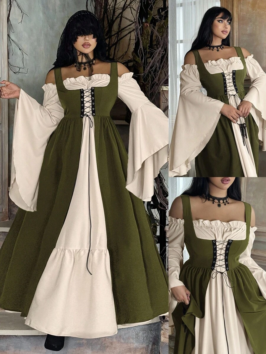 Lyrianda Plus Size Women Off Shoulder Long Sleeve Flare Sleeve Ruffle Elegant Vintage Cute Halloween Party Casual Holiday Colorblock Dress