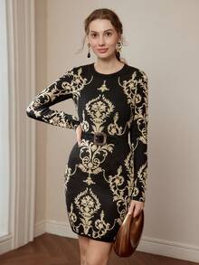 MOTF PREMIUM DAMASK PATTERN SLIM FIT SWEATER DRESS WITHOUT BELT - Black - View 10