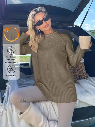 SHEIN Women Solid Color Mock Neck Sweater For Autumn & Winter,Jumper,Cream Jumper,Jumpers,Black Jumper,Womens Jumper,White Jumper,Women's Jumper,Women's Jumpers