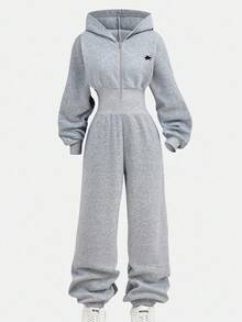 SHEIN 青少年女孩连帽拉链运动衫和高腰保暖内衬裤连体裤，适合秋冬季，刺绣细节，街头风格休闲运动，返校季 - 灰色 - 查看 3