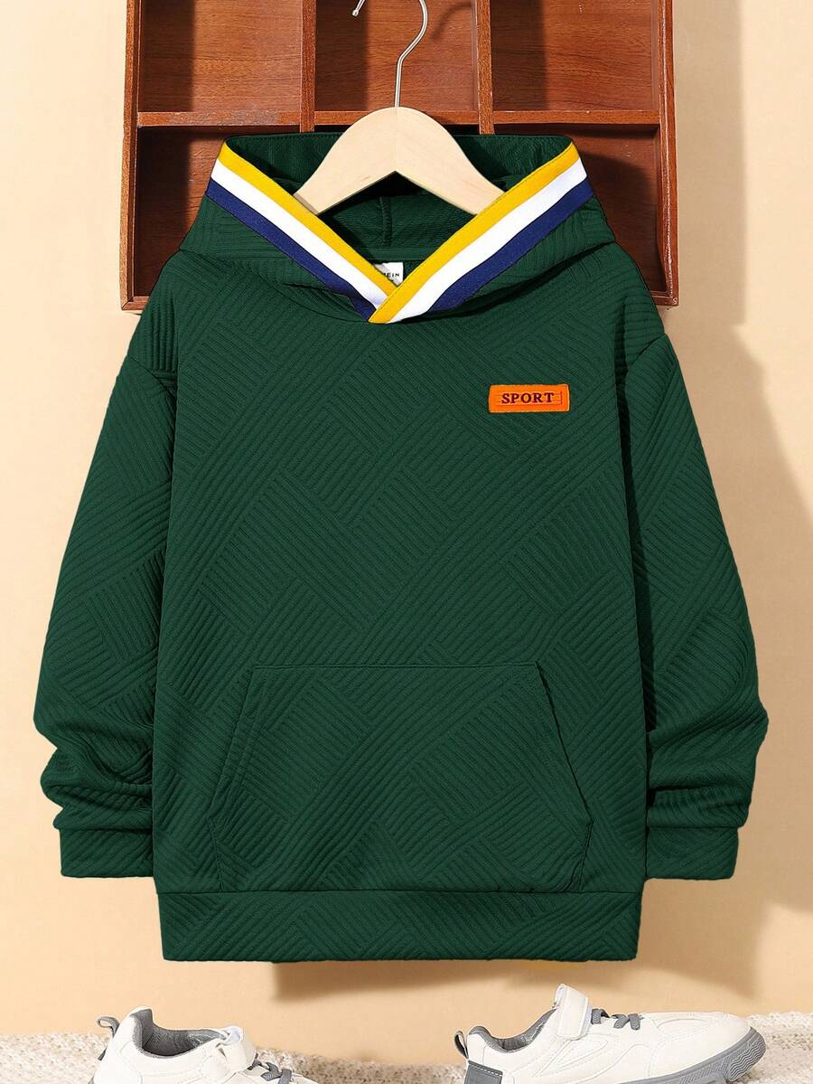 SHEIN Tween Boy Patchwork Sweatshirt With Embroidered Patch, Long Sleeve Sweatshirt Fall Winter - Dark Green - View 1