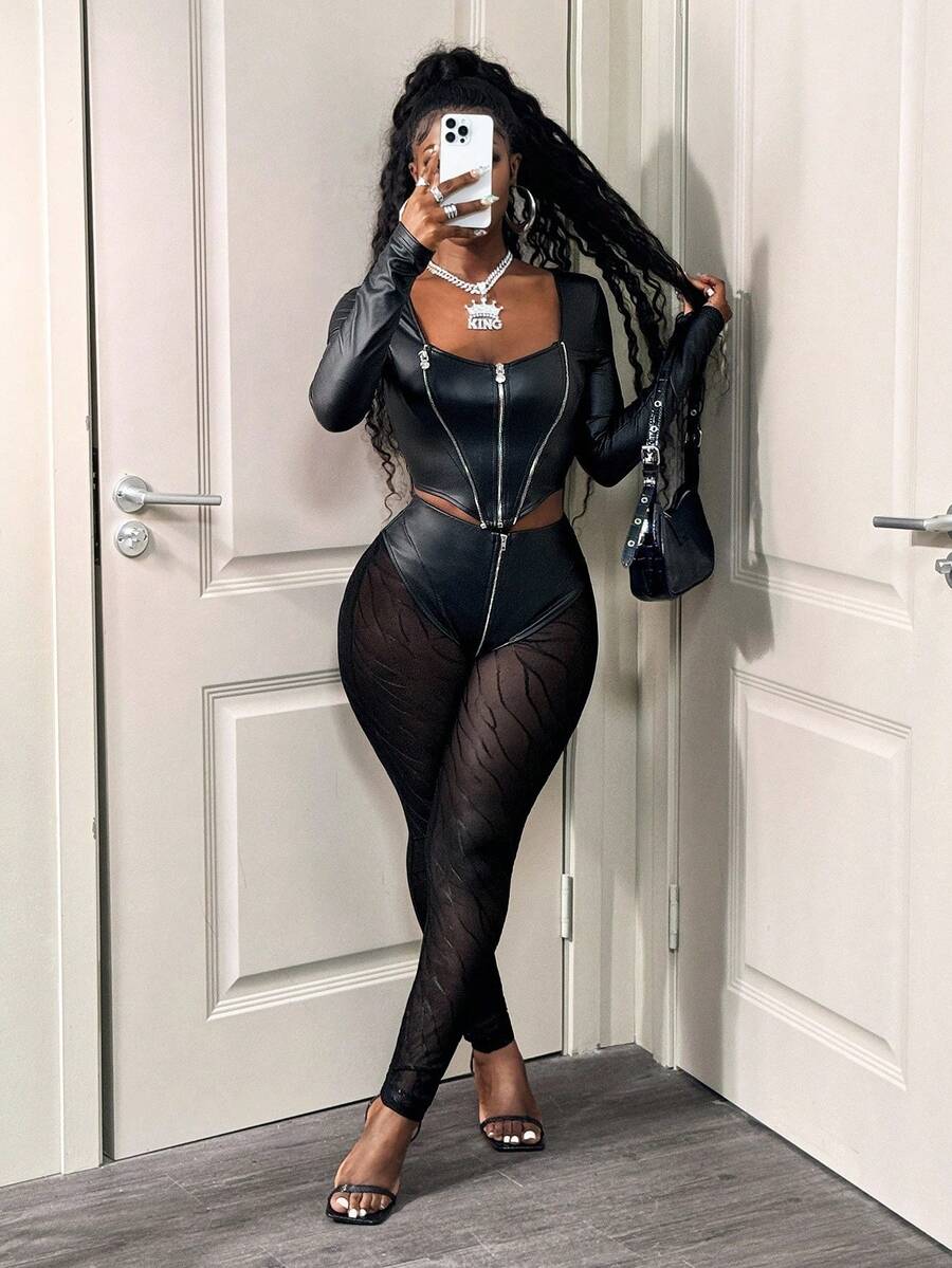 BamGleam 2件套性感拉链短款上衣和修身网眼拼接裤套装 - 黑色 - 查看 1