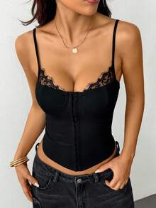 SHEIN PETITE 女式夏季撞色蕾丝前扣吊带背心 - 黑色 - 查看 8