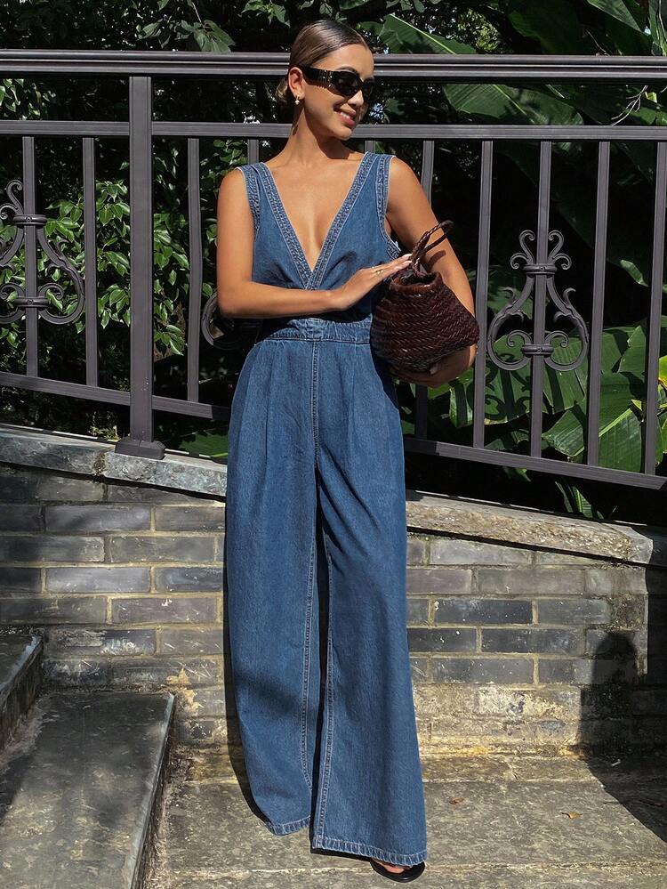 Tall Women's V-Neck Waist Cinched Long Jeans Overalls And Jumpsuit, Casual Streetwear