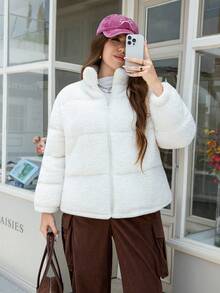 SHEIN LUNE 加大码女式米色珊瑚绒北极泡泡面料加厚保暖秋冬季外套立领毛绒让你温暖的冬季外套 - 米色 - 查看 6