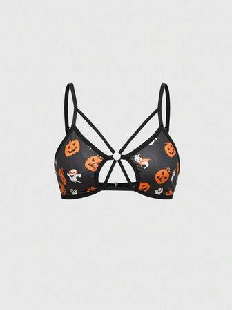 Goth Sujetador inalámbrico para mujer con diseño de calabaza y fantasma de Halloween oscuro y espeluznante