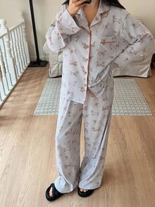 DAZY Puppy Print Contrast Trim Women Pajama Set, Fall Clothes - Beige - View 5