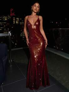 SHEIN BAE Autumn/Winter Burgundy Sequin Spaghetti Strap Hollow Out Bodycon Elegant Formal Maxi Dress,Luxurious Summer Party Event Gown, Club Wear For Women - Coffee - View 8