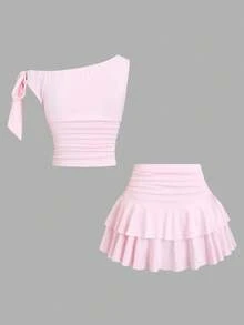 Sweetra Women's Summer Bronze Metallic Floral Camisole & Pleated Layered Mini Skirt Set