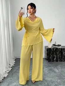 Firerie Plus Size Women Elegant Casual Vacation Boat Neck Flare Sleeve T-Shirt And Straight Elastic Waist Pants 2 Pieces Set, Spring/Autumn