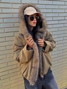 DAZY Abrigo acolchado con capucha de estilo casual y de calle, de manga larga y holgado, con cuello de piel de parchwork, para mujer, chaqueta de otoño/invierno - Verde - Ver 6