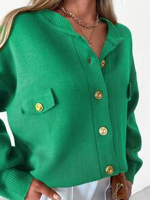 EURMUSE Ladies' Solid Color Round Neck Cardigan With Faux Pockets - Green - View 5