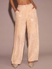 SHEIN Glamour Pantalones anchos de vestir con bolsillos con lentejuelas color albaricoque para mujer, pantalones elegantes y versátiles para la oficina, el trabajo y las citas, pantalones anchos para mujer, pantalones de traje para mujer - Albaricoque - Ver 6
