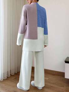 EURMUSE 女士拼色毛衣和纯色阔腿毛衣裤套装 - 彩色 - 查看 3