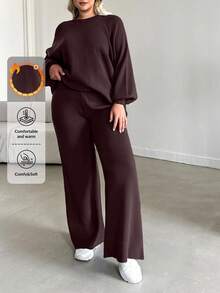 EURMUSE Plus Size Women Solid Color Raglan Sleeve Lantern Sleeve Sweater & Knitted Pants Casual Suit - Coklat - View 1