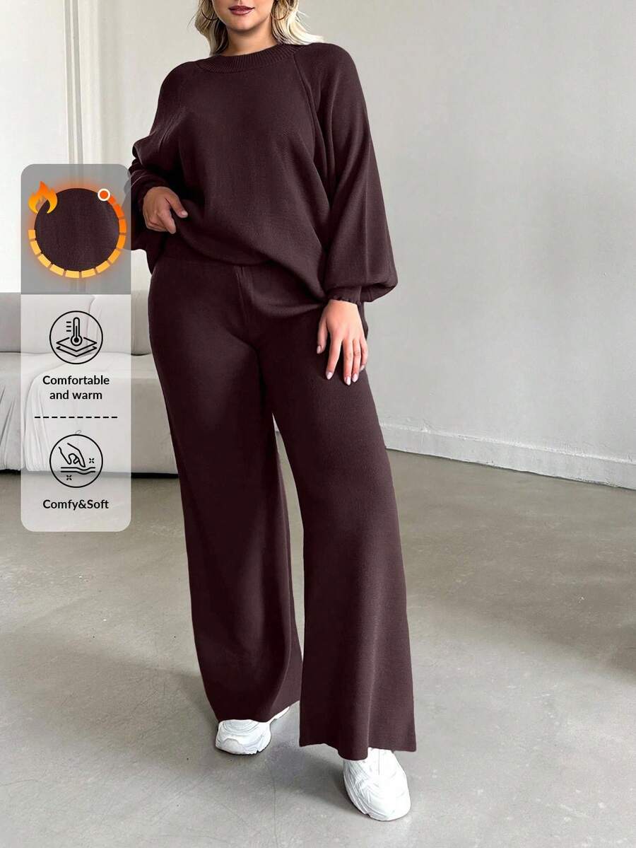 EURMUSE Plus Size Women Solid Color Raglan Sleeve Lantern Sleeve Sweater & Knitted Pants Casual Suit - Coklat - View 1