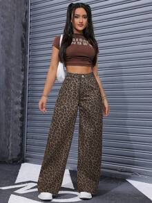 SHEIN PETITE 女士时尚复古豹纹阔腿牛仔裤 - 彩色 - 查看 4