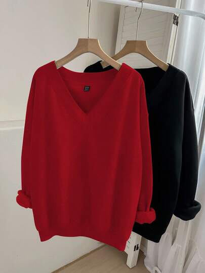 SHEIN LUNE 2 件大码女式 V 领宽松运动衫，红色和黑色，适合秋冬季