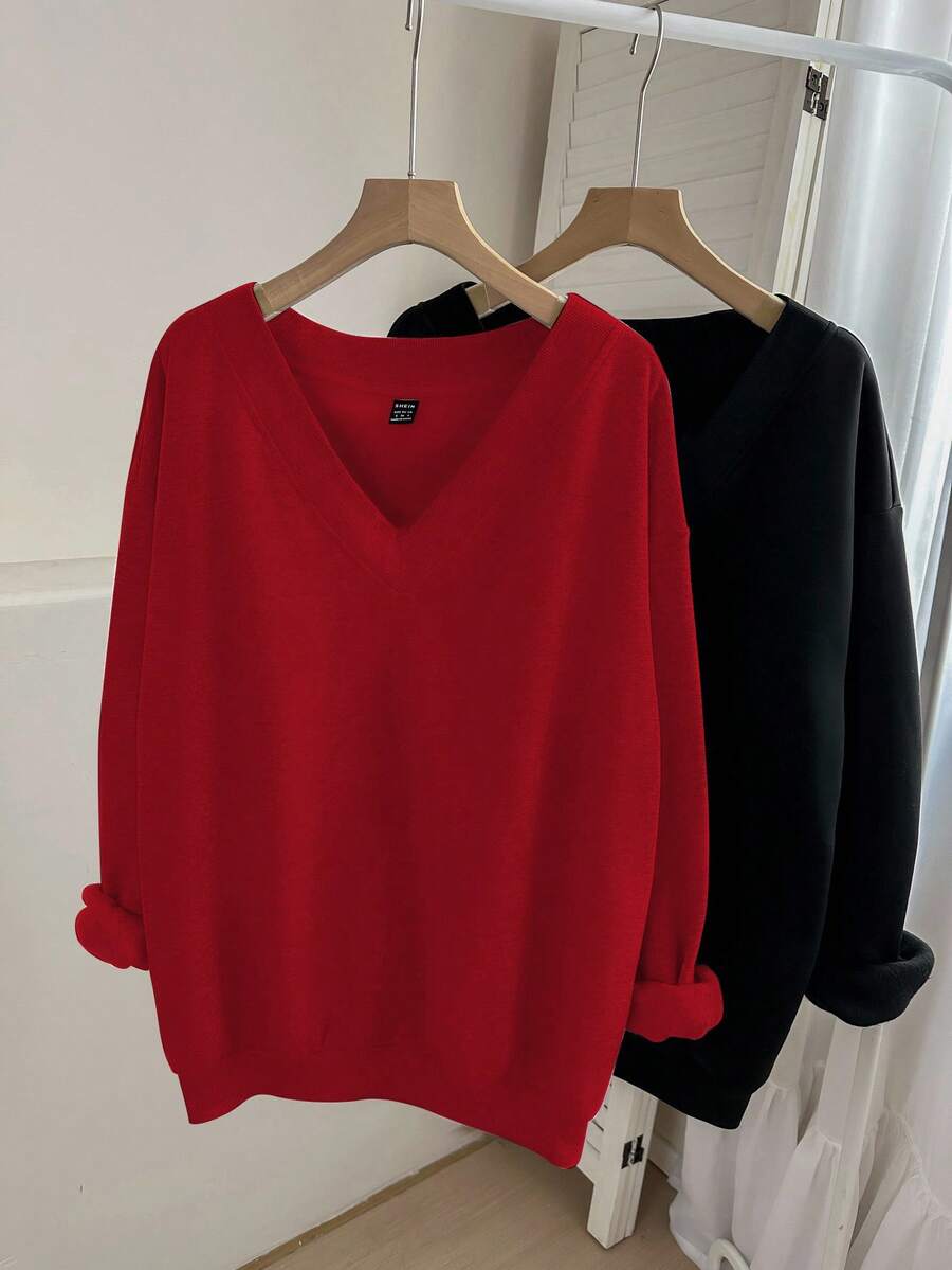 SHEIN LUNE 2 件大码女式 V 领宽松运动衫,红色和黑色,适合秋冬季 - 彩色 - 查看 1