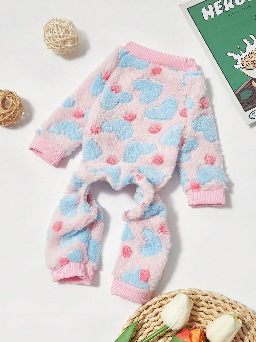 PETSIN 1 件宠物狗猫羊毛连体衣，带心形印花，保暖服装 - 彩色 - 查看 1