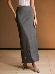 MOTF PREMIUM WOMEN LONG STRAIGHT FITTED RIVET DECOR SKIRT - Dark Grey - View 4