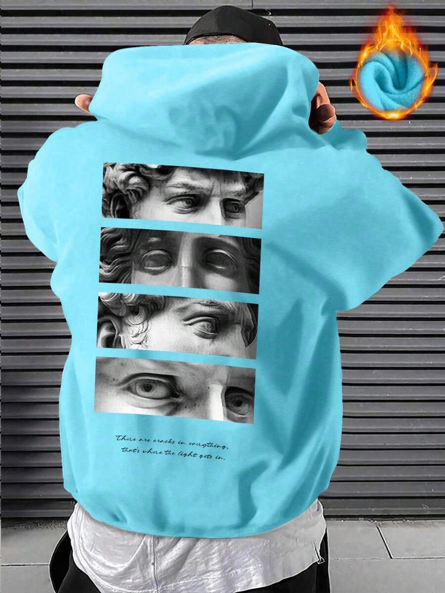 Manfinity LEGND 男式大卫印花长袖抽绳保暖内衬休闲连帽衫，秋冬款 - 淺藍色 - 查看 1