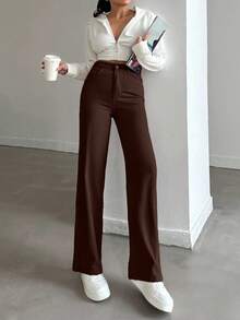 EURMUSE 100%Cotton HIGH RISE BEIGE WIDE LEG PETITE SIZE JEAN - Brown - View 5