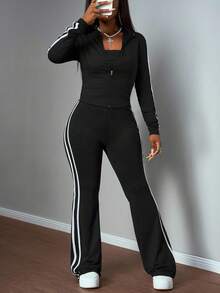 Slaydiva 2025 夏秋新款休闲简约藏青色修身长袖短款开边缝丝带T恤+修身长喇叭裤女两件套，适合日常旅行、返校、毕业、早午餐装、机场装、派对聚会、节日、旅行、简约、百搭、休闲-Z