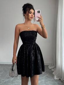 SHEIN Raffinéa New Fashion Elegant Party Style Date Dress Sleeveless Full Skirt Body-Hugging Waist Slimming Black Shiny Sequins Short Party Women's Dress, Elegant Dress For Women,Black Formal Dress For Women , Luxury Dresses ,Chic Dress, Sequin Dress For Women, Christmas Women's Clothing,New Year Clothes,Elegant Dresses For Party,Going Out Outfit ,Graduation Dress For Women,, Prom Dresses