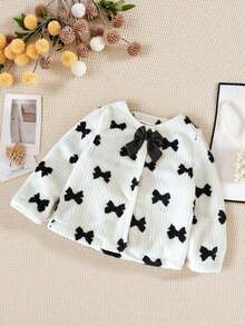 SHEIN 女婴时尚百搭蝴蝶结装饰毛绒夹克，适合秋冬季日常穿着 - 彩色 - 查看 7