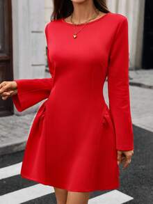 INAWLY Gaun Pendek Lengan Panjang Warna Polos Elegan untuk Wanita - Merah - View 4