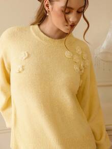 GENKIRA Nouveau haut en tricot floral 3D fait main, à la mode et polyvalent - Jaune citron - Voir 1