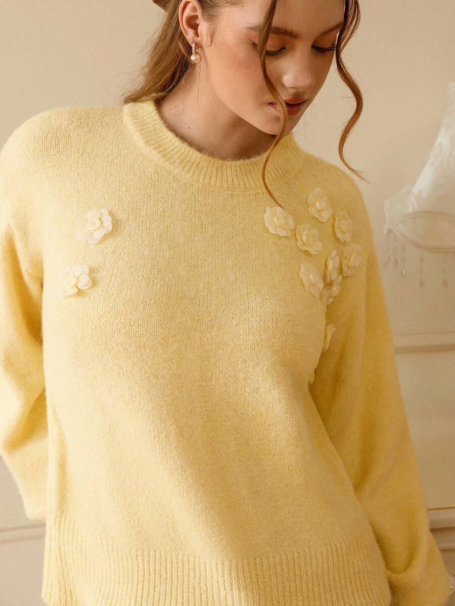 GENKIRA Nouveau haut en tricot floral 3D fait main, à la mode et polyvalent - Jaune citron - Voir 1
